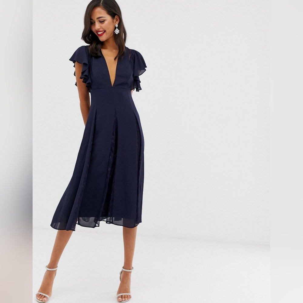 ASOS DESIGN midi dress with lace godet panels